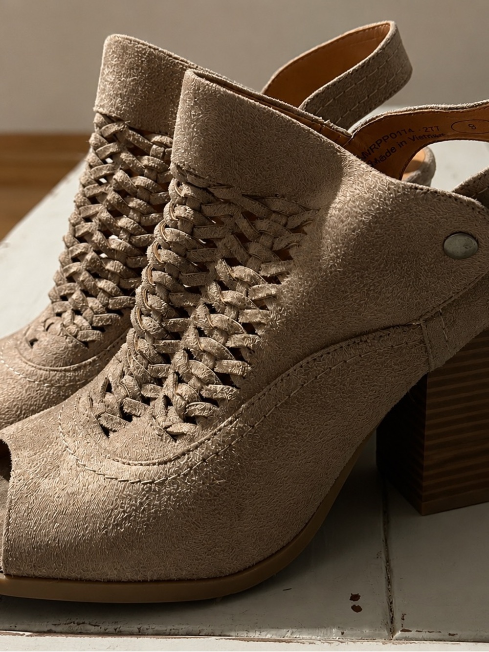 Women's Taupe Suede Peep-Toe Block Heel Slingback - Picture 3 of 3